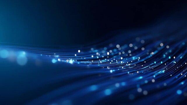 Digital binary block transforming into smooth luminous data lines on dark blue background Futuristic abstract technology scene showing a compact block of binary code transforming  4K