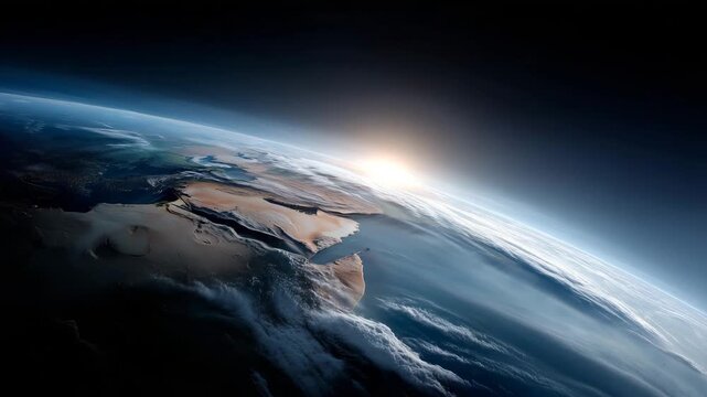 detailed orbital view of Planet Earth from space focusing on North Africa, Europe and the Middle East, realistic landforms, oceans and atmospheric glow visible along the curved ho 4K