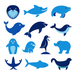 Fototapeta premium Blue animal vector illustration of marine and bird life