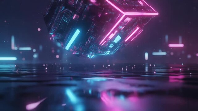 A futuristic neon-lit rectangular object hovers at an angle above a dark reflective surface