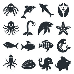 Stylized black and white sea animal icon set © Xihan