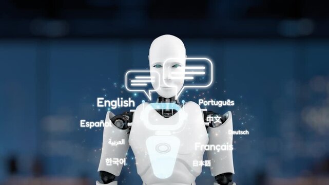 A futuristic robot presents multiple language options through an interactive interface, embodying the advancement of technology in global communication and education. Synapse
