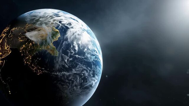 Distant view of the blue planet Earth floating in deep outer space, small luminous globe surrounded by vast dark cosmic background and scattered stars, delicate atmospheric glow   4K