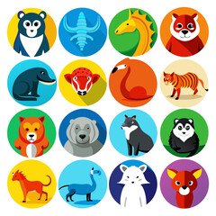 Fototapeta premium Flat design animal avatars collection in colorful circle shapes