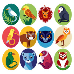 Fototapeta premium Collection of colorful animal illustrations set in oval frames