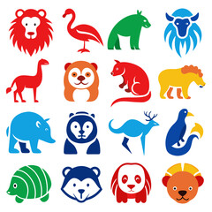 Fototapeta premium Colorful Animal Icon Set with Lion, Flamingo, Bear and More