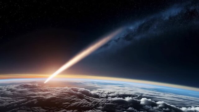 asteroid impact from space, earth horizon explosion, cosmic collision, planet strike, extinction event, fiery meteor trail, sci fi disaster, atmosphere blast, apocalyptic astronomy