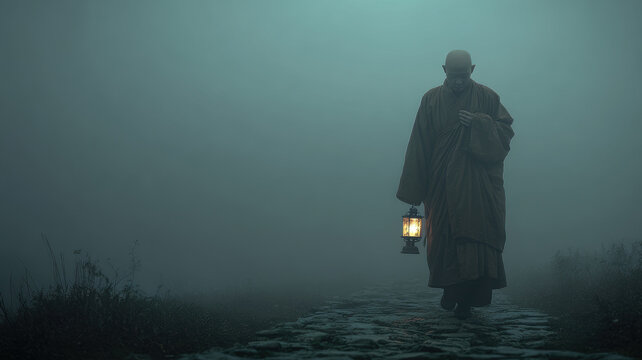 Zen Buddhism, meditation, inner peace, Chinese Japanese Asian tradition. Therapy stress release treatment, health lifestyle. A monk in a robe walking through a misty landscape.