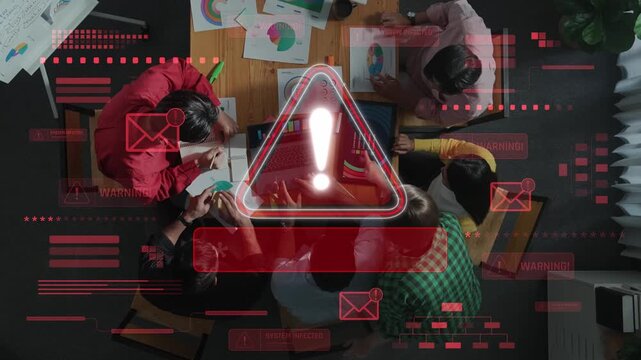 Aerial view of a team engaged in a collaborative meeting, surrounded by charts and graphs, leveraging technology to drive insights and business strategy in a modern office. Raster