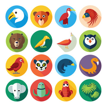 Flat design animal icon collection in round shapes set