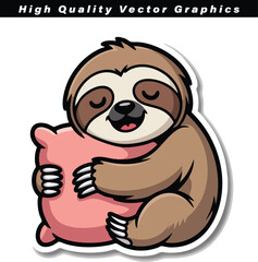 Fototapeta premium Cartoon sloth character hugging a pink pillow tightly while displaying a joyful, open-mouthed expression, suitable for sticker design.