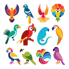 Fototapeta premium Colorful Exotic Birds Collection on White Background Flat Vector