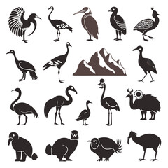Fototapeta premium Stylized silhouettes of various bird species with mountain backdrop