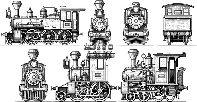 Vintage steam locomotive train vector illustration set, classic railway engine silhouettes, retro transportation machinery, historic rail transport icons collection