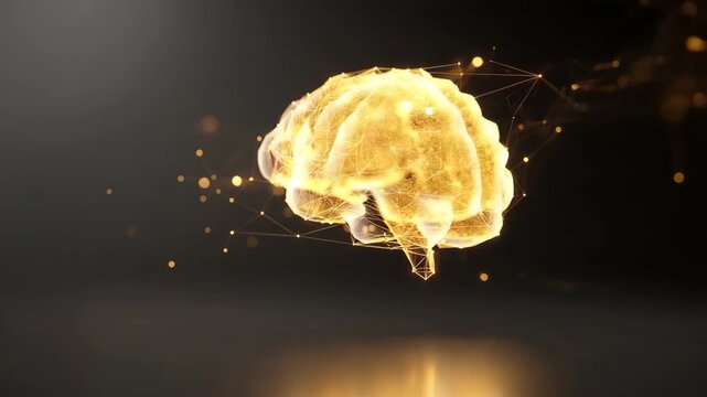 Futuristic neural brain mesh with glowing golden synapses and detailed wireframe structure Futuristic neural brain hovering centrally in a dark space, intricate filament lines 4K