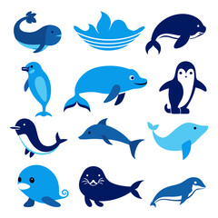 Obraz premium Assorted blue sea animal vector icons on white background