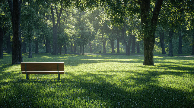 A tranquil park scene features a wooden bench inviting rest among lush green grass, shaded by towe trees illuminated by dd sunlight in a serene setting.