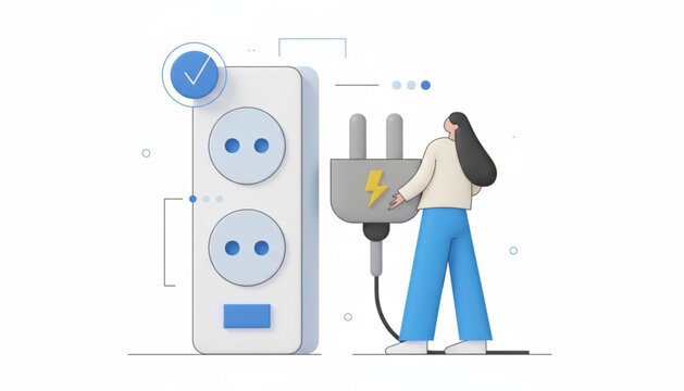 A woman plugging a giant plug into a socket,  Vector, illustration.
