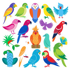 Obraz premium Colorful collection of stylized cartoon birds on white background