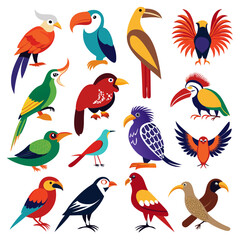 Fototapeta premium Collection of Stylized Tropical Birds in Vibrant Colors