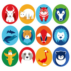 Fototapeta premium Graphic animals in colorful circles on a white background