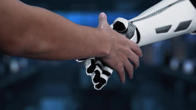 This image portrays the concept of AI ethics with a human hand and robotic arm interacting with digital icons, emphasizing technology role in moral decision-making and governance. Synapse