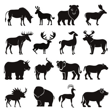 Silhouetted wildlife vector illustration featuring various animal species