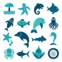 Fototapeta premium Collection of simple vector illustrations of sea creatures and objects