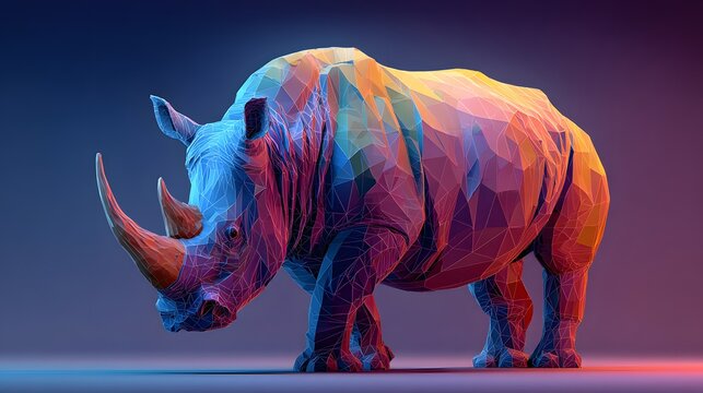 Vibrant multi-colored low poly rhinoceros illustration on bright blue background.