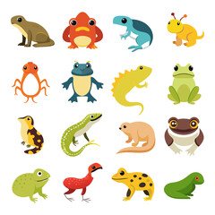 Naklejka premium Colorful Collection of Cute Cartoon Amphibians and Reptiles