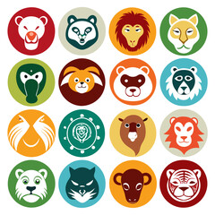 Fototapeta premium Collection of Flat Animal Face Icons in Colored Circles
