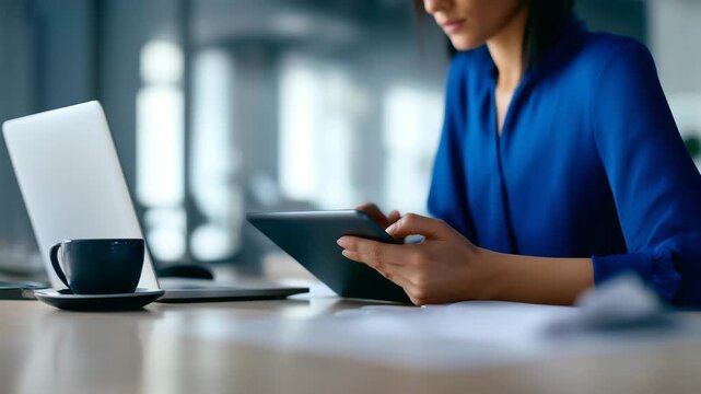 Modern business workflow concept with woman using tablet beside laptop Modern business close-up featuring a woman leaning over a desk and using a digital tablet beside a laptop, bl  4K