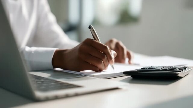 Modern business workflow concept with woman using tablet beside laptop Modern business close-up featuring a woman leaning over a desk and using a digital tablet beside a laptop,  4K