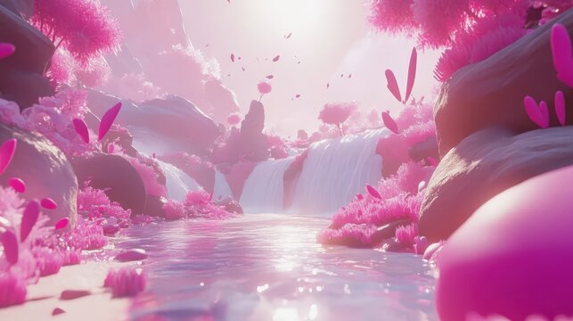 A Serene Pink Fantasy Landscape With Cascading Waterfalls And Blooming Flora Bathed In Gentle Sunlight