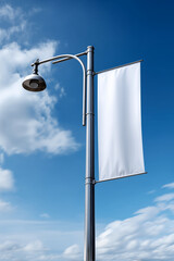 vertical street banner mockup on lamppost, windy motion, urban photography, blank design space