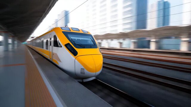 Modern high-speed passenger train arriving at station platform Modern high-speed passenger train in yellow and white livery arriving at a station platform, sleek aerodynamic fron