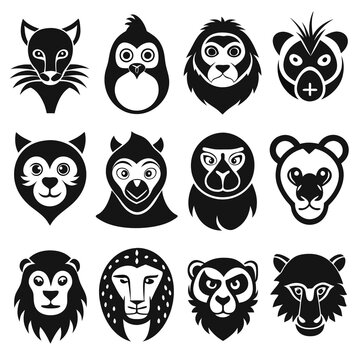 Collection of twelve different animal heads in simple vector style