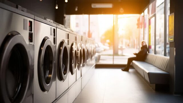 Modern laundromat interior with customer sitting and rows of washers Modern laundry service interior with multiple washing machines lined along the wall, a customer seated on a ben 4K
