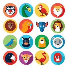 Fototapeta premium Flat design animal heads in colorful circular icons