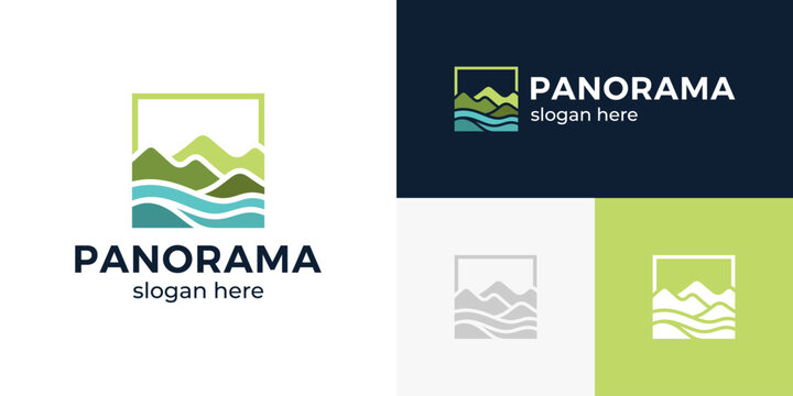 Simple panorama logo design. Mountain peak design graphic with sea beach vector illustration. Symbol, icon, creative.