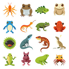 Naklejka premium Collection of cute cartoon amphibians and reptile illustrations