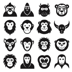 Obraz premium Monochrome monkey face icons collection, vector flat style art