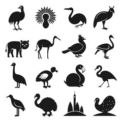Fototapeta premium Black silhouette illustration of different bird species and one mammal