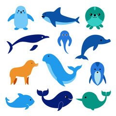 Fototapeta premium Diverse Collection of Cartoon Sea Animals on White Background