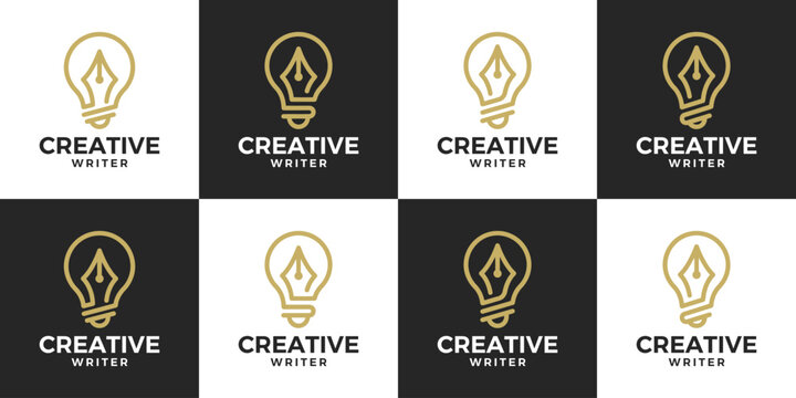 Collection of a smart author logo design. Light bulb design graphic with pen vector illustration. Symbol, icon, creative.