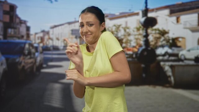 Young hispanic woman recoiling with hands raised and grimaced face in a yellow t shirt on a busy street; disgust.