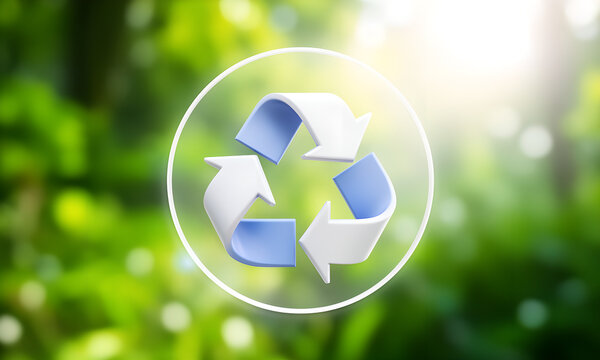 Vibrant 3D recycle symbol in a circle on blurred green nature background for environmental sustainability.