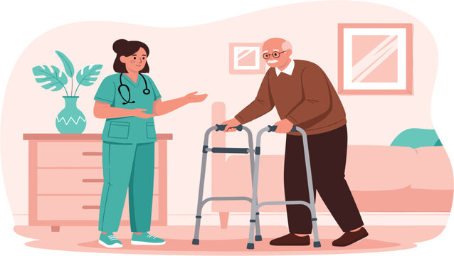 Professional Elderly Care Illustration Featuring Nurse Assisting Senior Man with Walker for Rehabilitation Nursing Home and Geriatric Healthcare Services