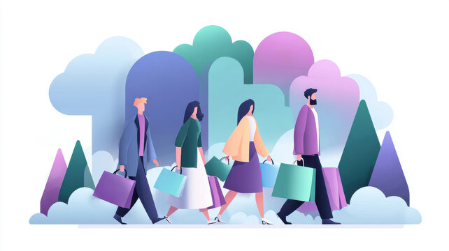 A stylized, modern illustration of a group of people walking with shopping bags against a backdrop of fluffy white clouds. The people are depicted in various poses, each carrying a bag.