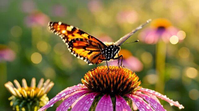 A monarch butterfly perches on a purple coneflower in a sunny garden